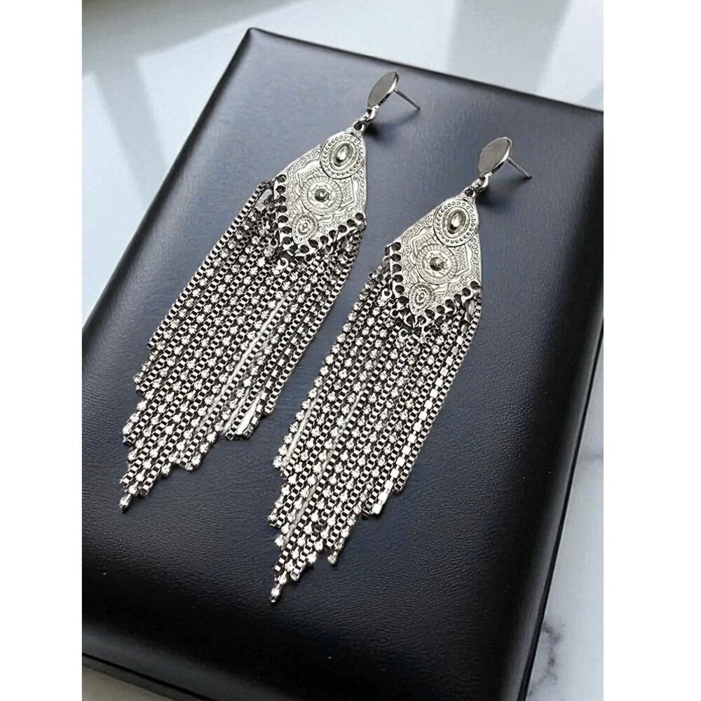 Silver Filigree Fringe Statement Earrings Rhinestone Dangle – Dramatic Glam - Picture 5 of 8